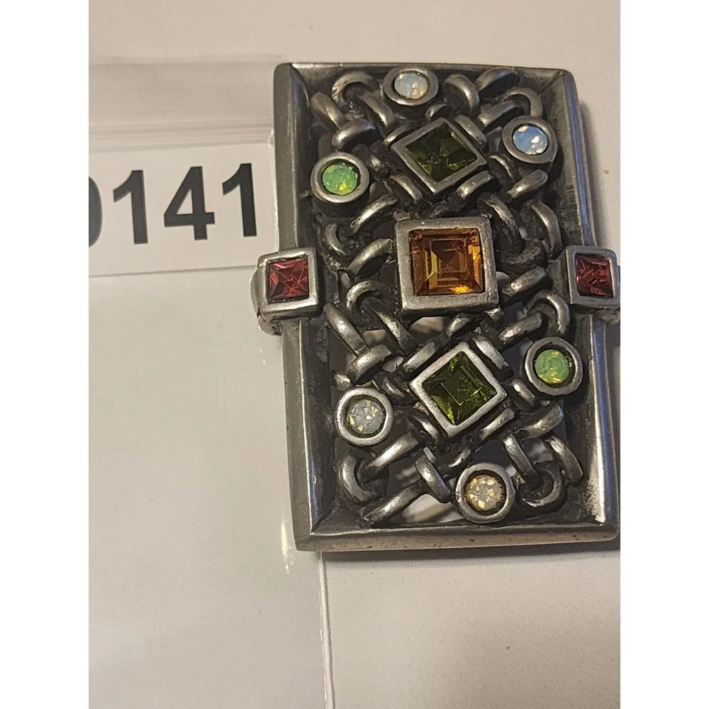Vintage Silver Tone Multi Color Crystal Interwoven Belt Buckle Metalwork